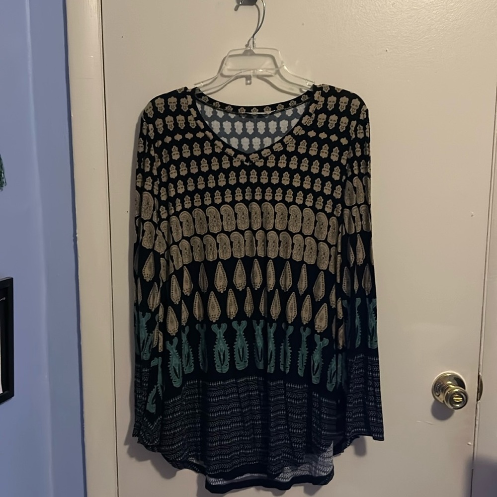 BaiSheng GT 2XL Black, Beige, and Green Geometric Long Sleeve Shirt